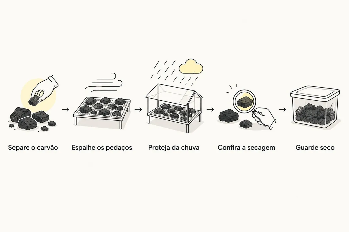 Etapas para separar, espalhar, proteger da chuva, conferir a secagem e guardar carvão limpo.
