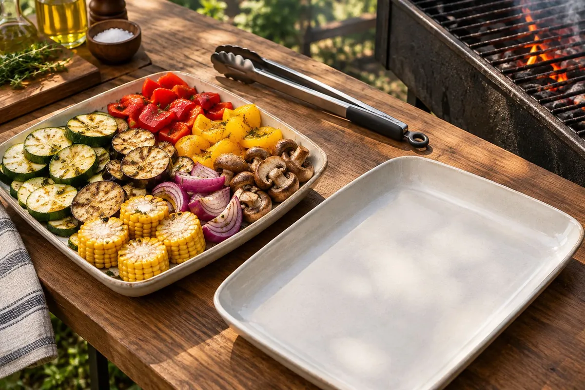 Bancada com legumes, pegador separado e travessa limpa para receber os alimentos prontos.