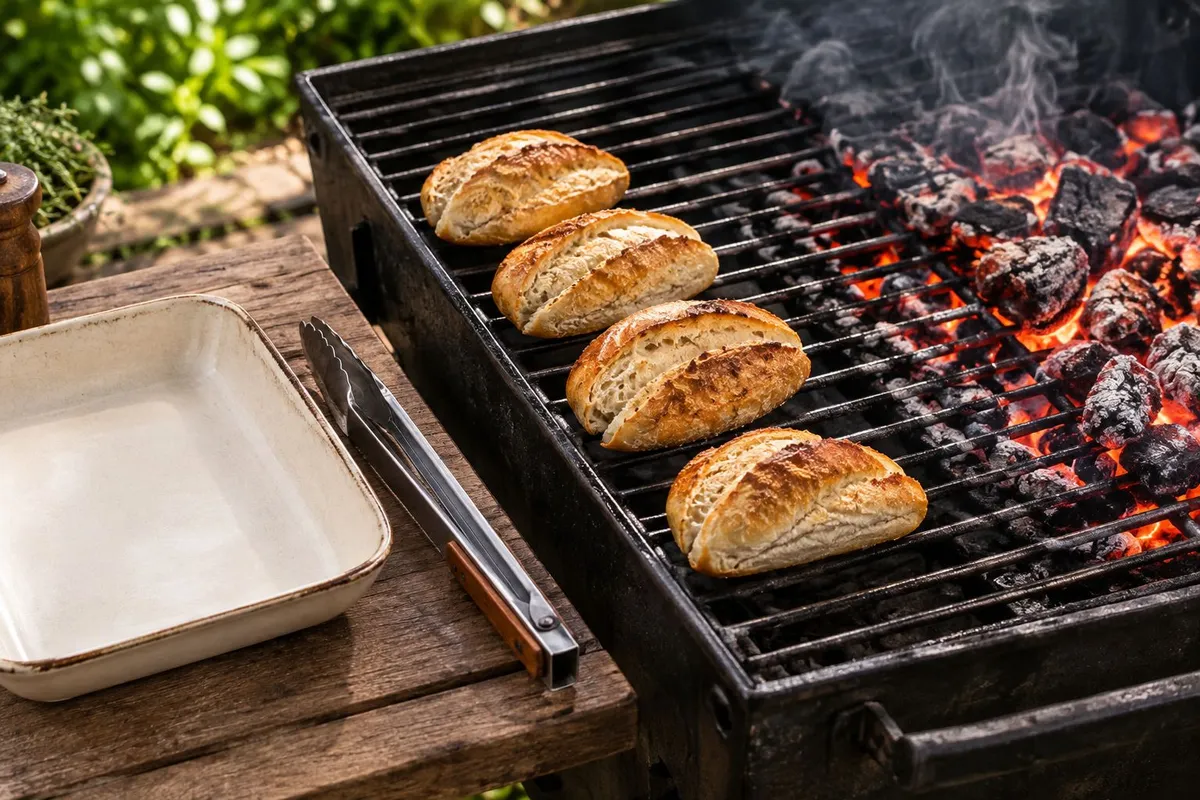 Pães aquecendo na lateral da grelha, afastados das brasas mais intensas.