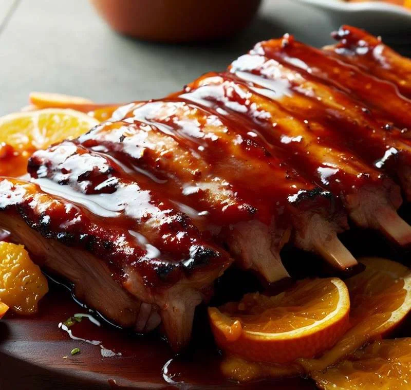 Foto da receita: Costela Suína com Molho Barbecue de Mel e Laranja